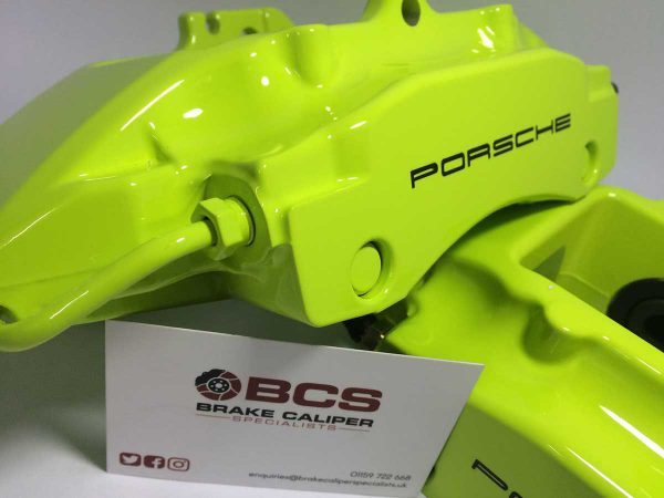 Black Porsche Brake Caliper Decal on Acid Green Caliper Black Porsche Brake Caliper Decal on Acid Green Caliper